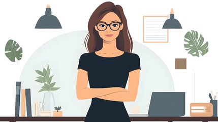 A cartoon-style depiction of a business woman in an office setting