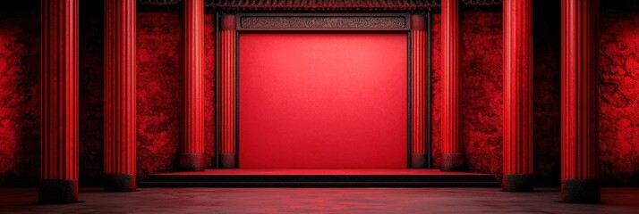 A vibrant red stage with ornate columns, creating an elegant backdrop for performances or presentations.