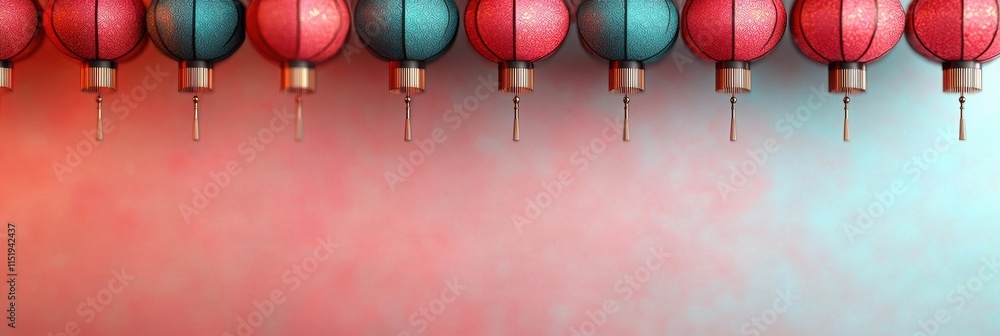 Poster a row of colorful lanterns hangs against a softly lit background, creating a festive and inviting at