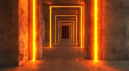A dimly lit corridor with glowing orange neon lights framing the walls, creating a futuristic and atmospheric effect.