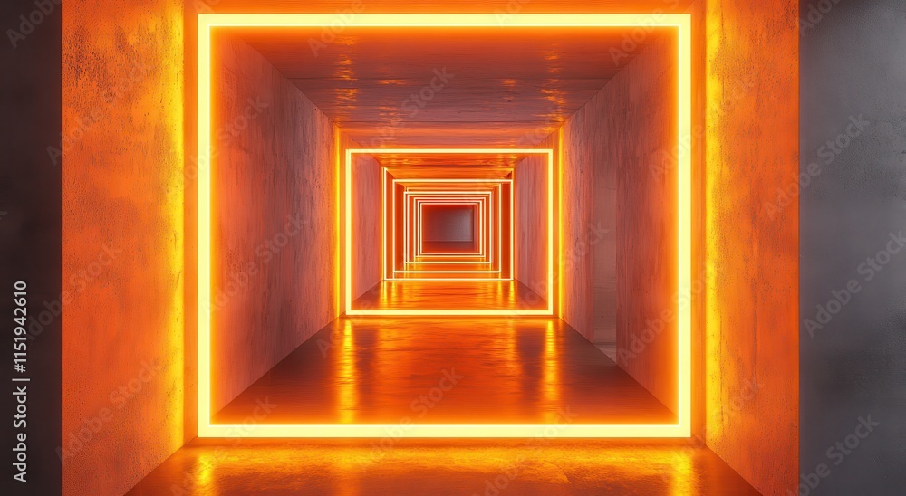 Poster a visually striking tunnel with glowing orange neon lights creating a captivating perspective.