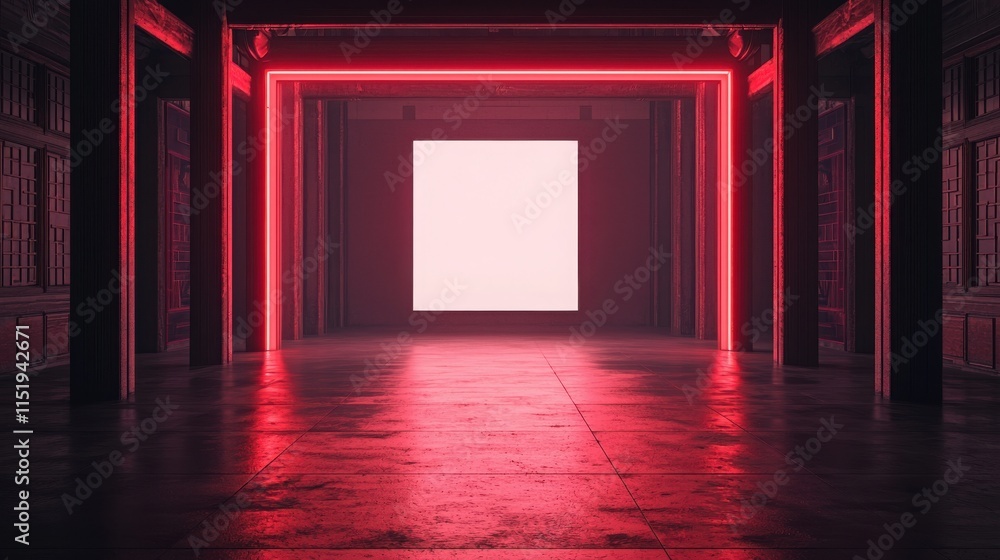 Poster a dimly lit corridor features striking red neon lights illuminating a square screen, creating a futu