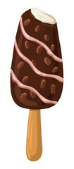 Delicious chocolate popsicle with nuts and topping. Summer dessert. Vector.