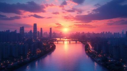 Fototapeta premium Vibrant sunset over cityscape with river and bridge.