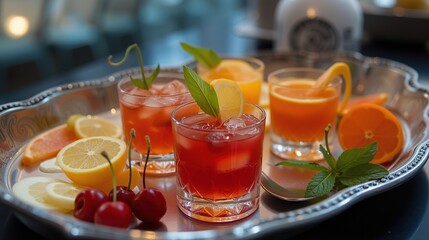 Fototapeta premium Vibrant cocktails with fresh fruit garnishes on a tray