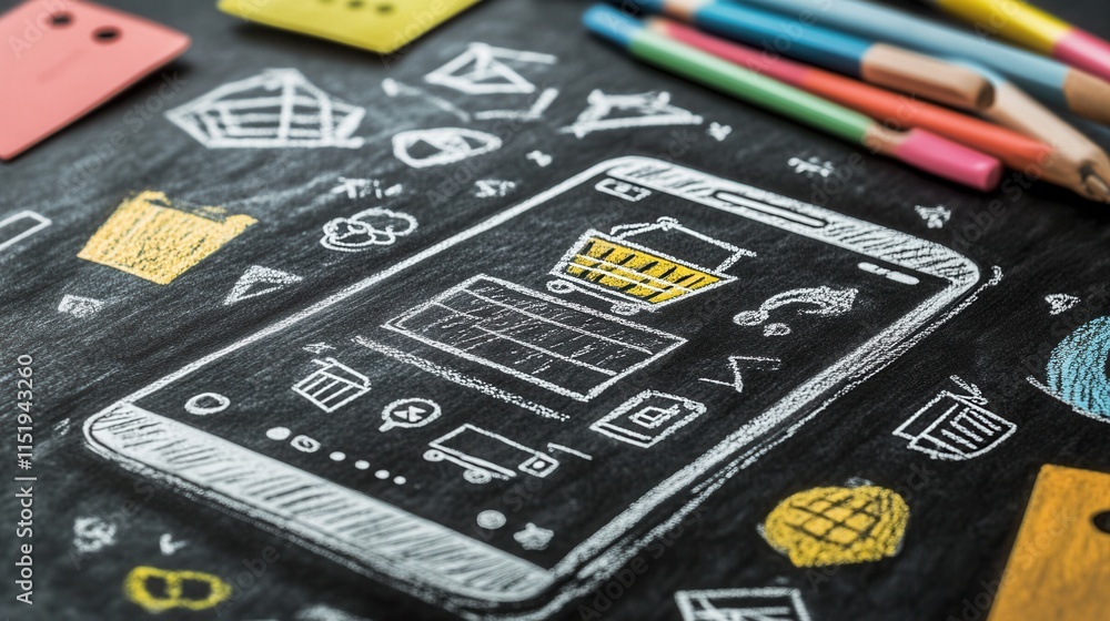 Poster chalkboard design of an engaging mobile app interface featuring vibrant shopping categories and inte