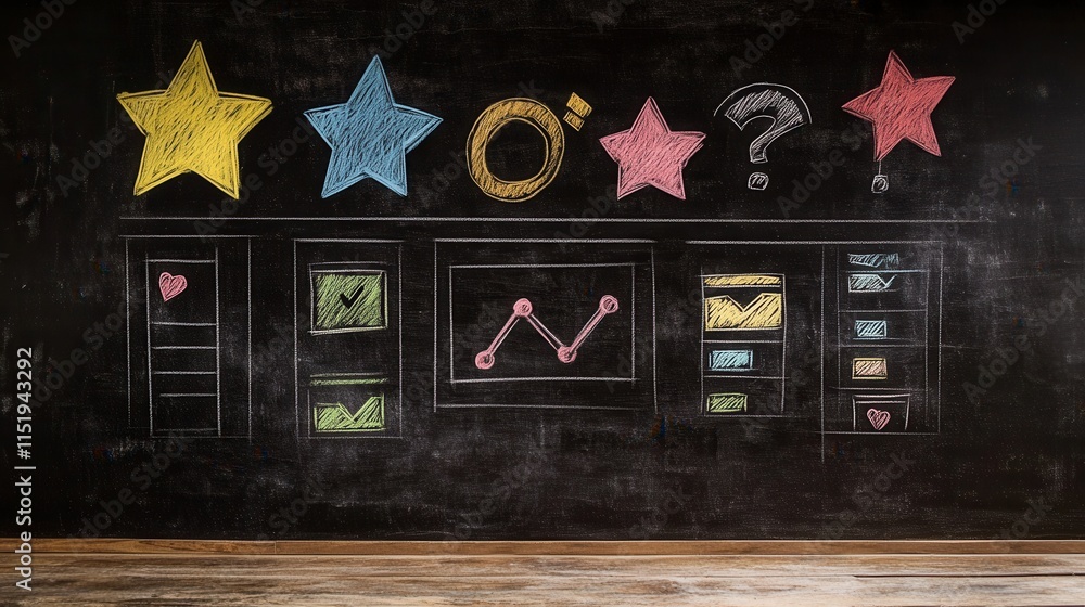 Poster chalkboard chart of customer feedback ratings, visual representation of product satisfaction levels,