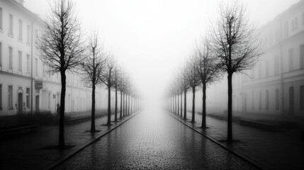 Obraz premium Anticipation anxiety uncertainty and unknow concept. Misty street lined with bare trees in monochrome tones.