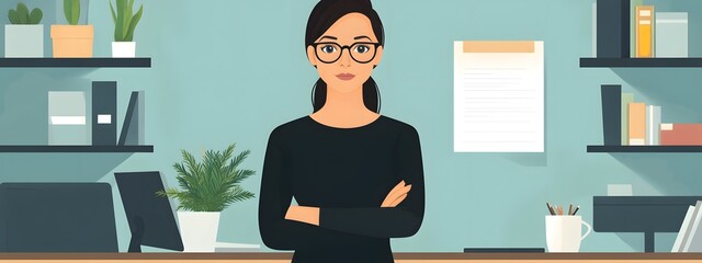 A cartoon-style depiction of a business woman in an office setting