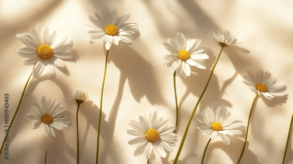 Poster Delicate chamomile daisies with soft sunlit shadows on a neutral beige background, creating a soothing floral pattern with ample space for text or design elements