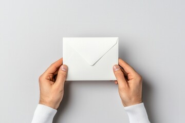 Anticipation anxiety uncertainty and unknow concept. White envelope held by hands against a neutral background.