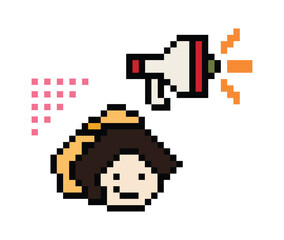 Obraz premium Cute pixel cartoon character woman with megaphone announcement speaker information announce decoration 8 bit female girl lady megaphone cartoon pixel game 8bit png vector.