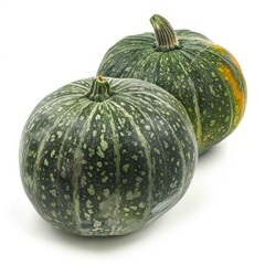 Studio shot of two green pumpkins with speckled rind, showcasing their unique patterns and textures against a clean white backdrop