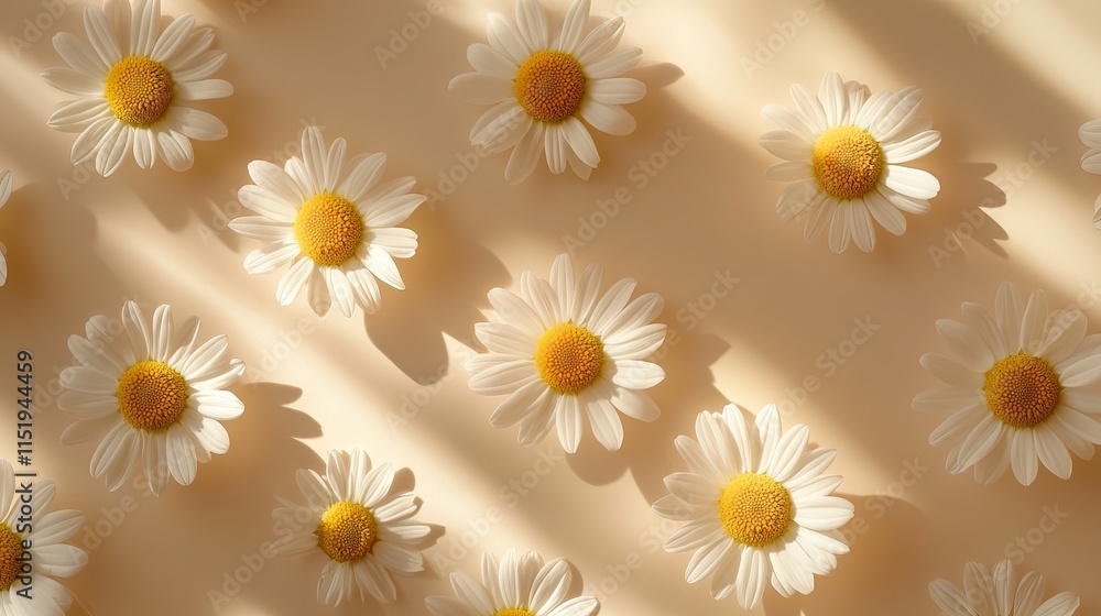 Poster Delicate chamomile daisies with soft sunlit shadows on a neutral beige background, creating a soothing floral pattern with ample space for text or design elements