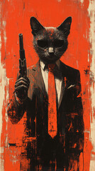 Naklejka premium Stylized surreal illustrations of anthropomorphic animals in suits holding weapons against bold red backdrops, perfect for dramatic and conceptual art themes