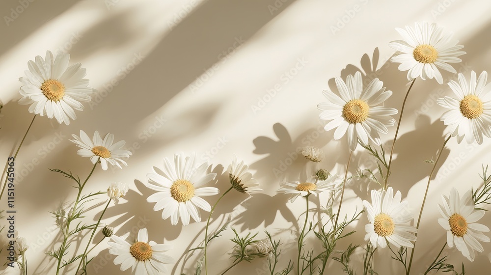 Poster Delicate chamomile daisies with soft sunlit shadows on a neutral beige background, creating a soothing floral pattern with ample space for text or design elements