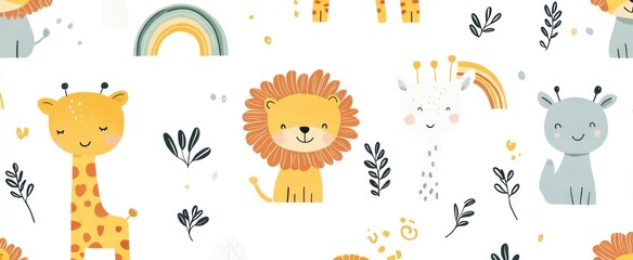 Fototapeta premium Adorable Baby Animals Pattern: Giraffes, Lions, and More!