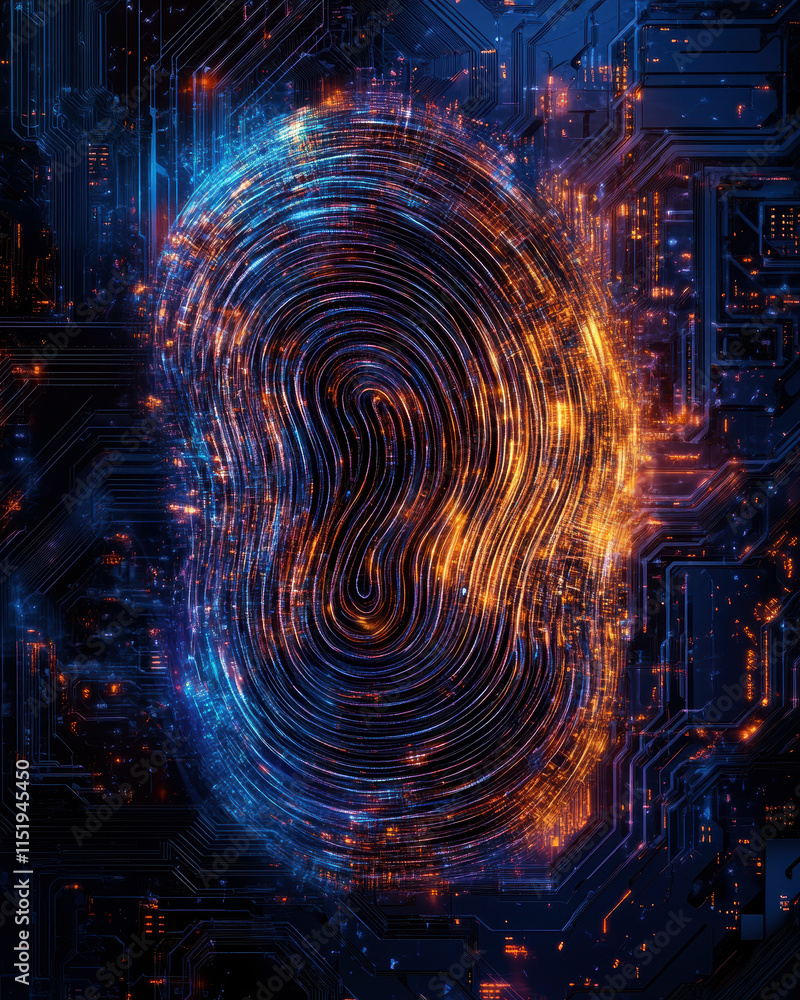 Poster This striking image represents the intersection of technology and individuality, featuring a glowing fingerprint set against a backdrop of intricate circuitry and vibrant digital patterns.