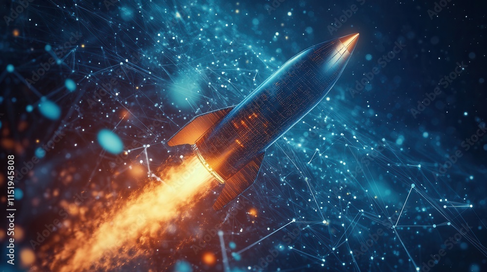 Poster digital rocket ascend, showcasing a vibrant rocket navigating a web of signals, symbolizing technolo