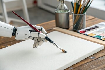 robot hand paint on canvas with brush. Generative ai art concept