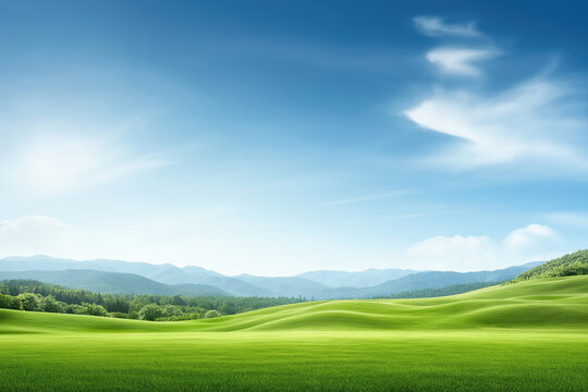 Open green landscape with rolling hills and a clear blue sky in daylight
