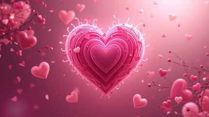 Pink heart surrounded by falling hearts on soft background