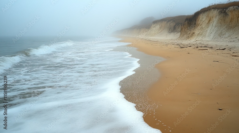 Poster misty beach with waves gently lapping on sandy shore and high cliffs in the background.