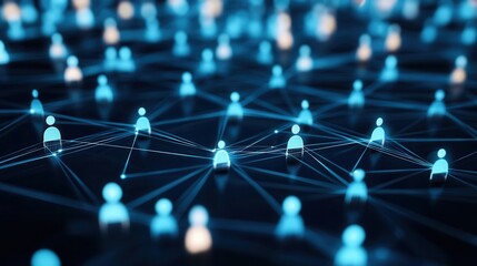 Collaborative Digital Workspace, interconnected individuals linked by vibrant lines, symbolizing communication networks and resource management.