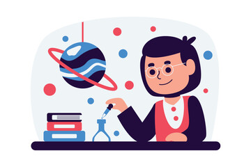 A Young Scientist Exploring the Cosmos:  A Colorful Illustration of a Child Conducting a Science Experiment with a Planetary Background