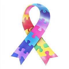 A colorful puzzle piece ribbon, set against an isolated white background.