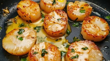 Close-up of golden brown seared scallops garnished with fresh parsley, served on a plate with a vibrant amber glaze, highlighting the juicy texture and rich gourmet presentation