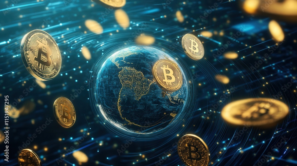 Poster futuristic globe of digital currencies, visualizing a dynamic global economy with floating currency 