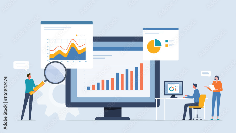 Aufkleber business team analytics and monitoring on web report dashboard monitor concept and flat vector illustration design data analytics research for business finance investment planning.