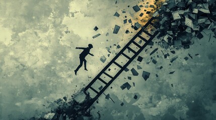 Naklejka premium Corporate Descent, a symbolic representation of financial struggle, a figure plummeting from a collapsing ladder of debt, illustrating downfall and despair
