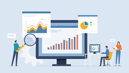 business team analytics and monitoring on web report dashboard monitor concept and flat vector illustration design data analytics research for business finance investment planning.