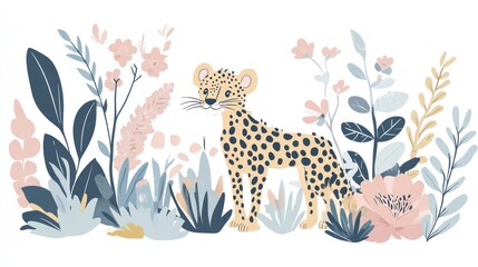Fototapeta premium Cheetah in Floral Paradise: A Whimsical Illustration