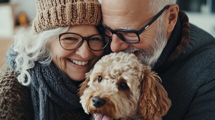 A happy elderly couple in winter attire embracing their dog.
