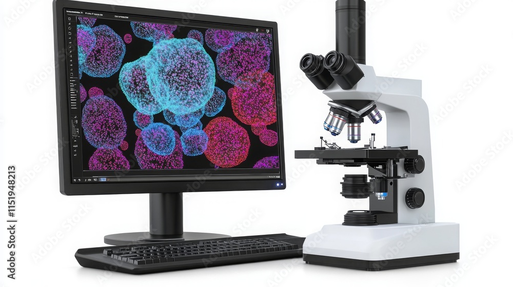 Poster A microscope is positioned next to a computer displaying colorful biological cell imagery.
