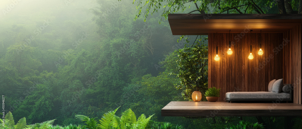 Poster Modern treehouse with rustic wooden structure in serene forest setting