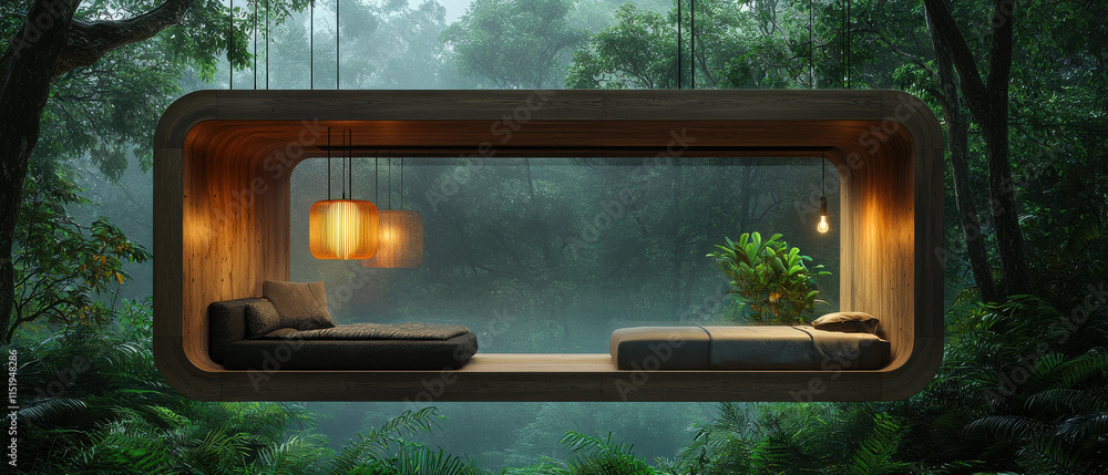 Poster modern treehouse with rustic wooden structure in serene forest setting