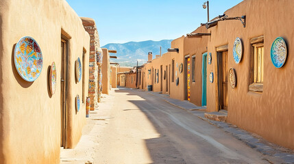 Naklejka premium Desert city street in Santa Fe New Mexico with adobe-style buildings and colorful ceramic decor