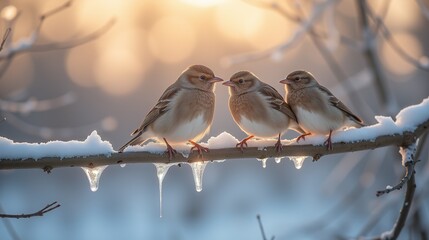 Birds perched on snowy branch at sunrise