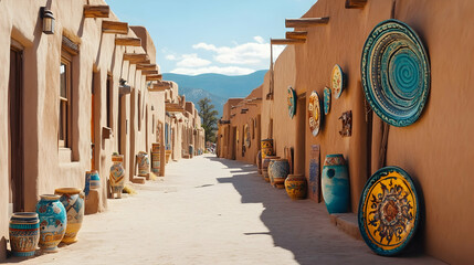 Fototapeta premium Desert city street in Santa Fe New Mexico with adobe-style buildings and colorful ceramic decor