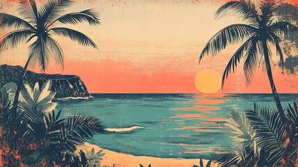A vintage travel poster with a stylized, hand-drawn illustration of a tropical beach, palm trees, and a sunset, capturing the essence of 1950s vacation aesthetics