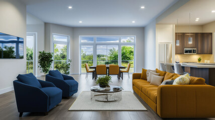 Bright living area with colorful decor, large windows, and modern furniture