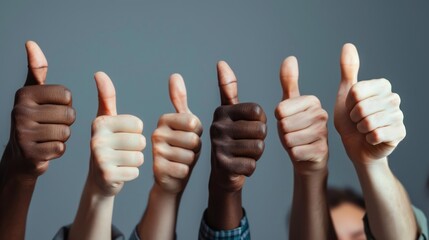 Close-up view of a group of people's hands showing a thumbs up gesture on a gray background, for your text message or advertising information.