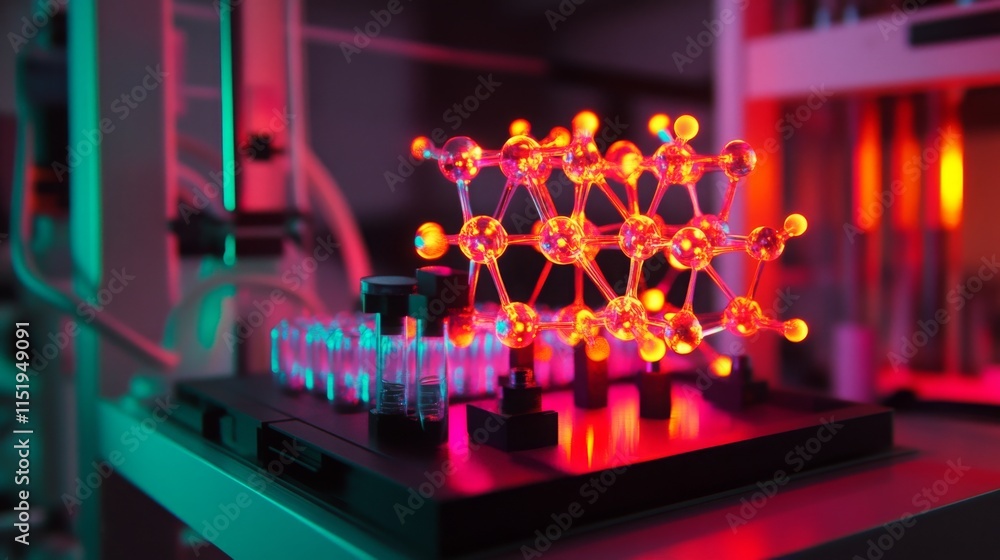Leinwandbilder A detailed display of an advanced bio-computer setup featuring a molecular model glowing with vibrant colors.