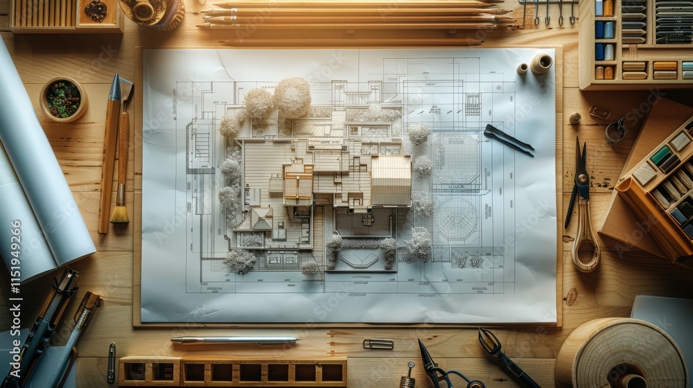 Poster aerial view of an innovative design studio architectural sketching concepts
