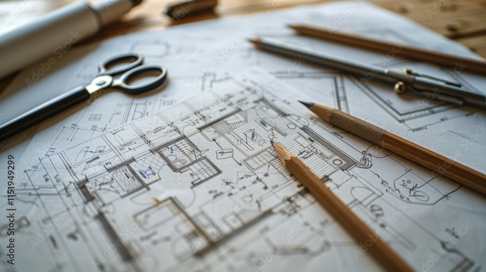 Aufkleber overhead views of architecture sketching design concepts in a creative urban studio