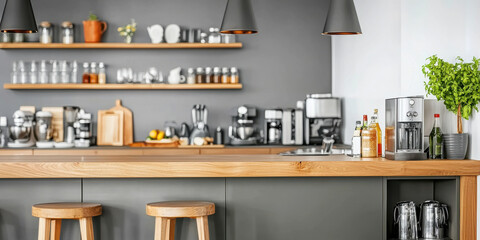 Stylish kitchen with sage green tones, wooden bar, and modern appliances